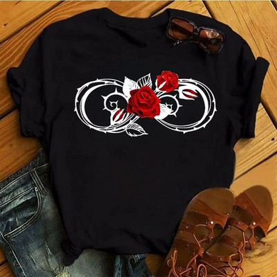 Plus SizeFashion Ženska majica kratkih rukava s otisnutim ružama Dnevna ležerna majica kratkih rukava Ljetna s okruglim izrezom Jednostavna ulična ženska odjeća