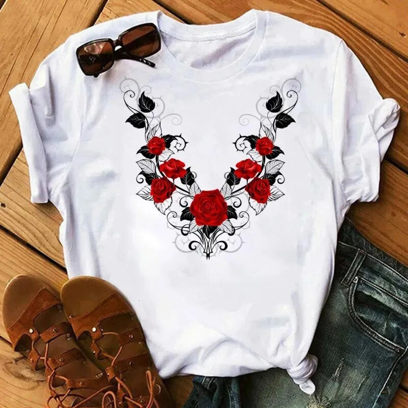 Plus SizeFashion Ženska majica kratkih rukava s otisnutim ružama Dnevna ležerna majica kratkih rukava Ljetna s okruglim izrezom Jednostavna ulična ženska odjeća