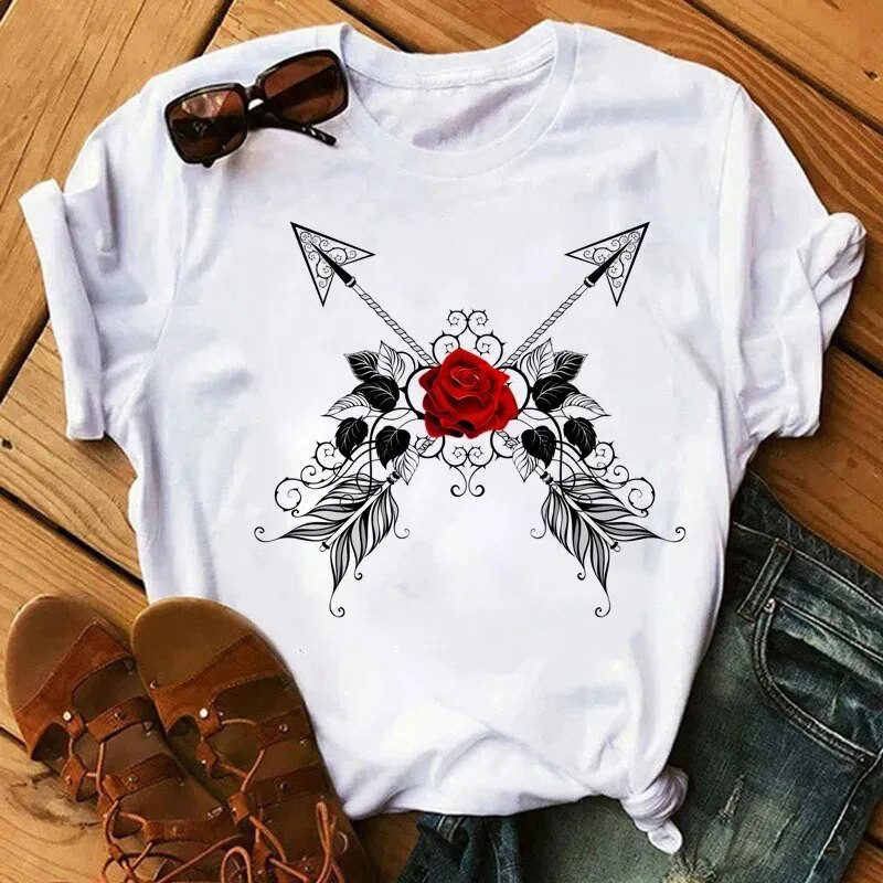 Plus SizeFashion Ženska majica kratkih rukava s otisnutim ružama Dnevna ležerna majica kratkih rukava Ljetna s okruglim izrezom Jednostavna ulična ženska odjeća