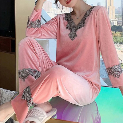 Oversize Βελούδινα Σετ Πυτζάμες Ανοιξιάτικα Γυναικεία Φαρδιά Μακρυμάνικα Σαλόνια Κοστούμια Sleepwear Casual Pants Nightwear 2 Piece Conjunto