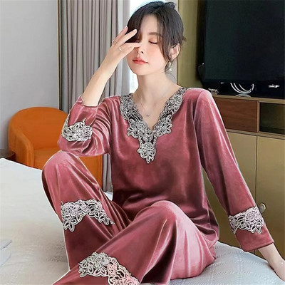 Oversize Βελούδινα Σετ Πυτζάμες Ανοιξιάτικα Γυναικεία Φαρδιά Μακρυμάνικα Σαλόνια Κοστούμια Sleepwear Casual Pants Nightwear 2 Piece Conjunto