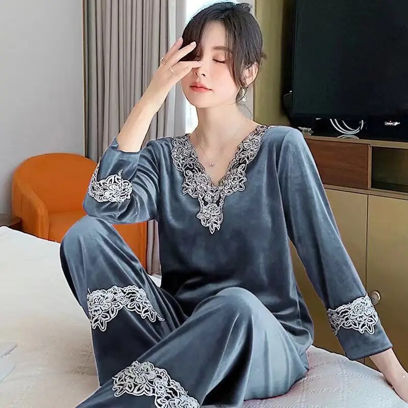 Oversize Βελούδινα Σετ Πυτζάμες Ανοιξιάτικα Γυναικεία Φαρδιά Μακρυμάνικα Σαλόνια Κοστούμια Sleepwear Casual Pants Nightwear 2 Piece Conjunto