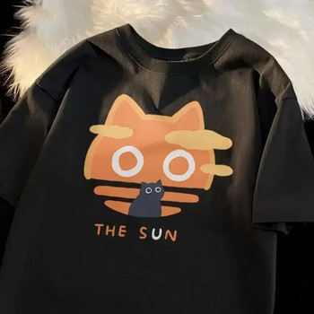 Μπλουζάκι από καθαρό βαμβάκι American Street Creative Blow Fan Cat για άνδρες και γυναίκες Καλοκαιρινό κοντομάνικο ζευγάρι φορέματα INS Top