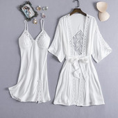 Sexy Hollow Out Γυναικείο σετ Nighty&Robe Kimono Bath gown Λευκή νυφική ρόμπα 2 τμχ Sleepwer Λεπτό σατέν Νυχτικό Νυχτικό