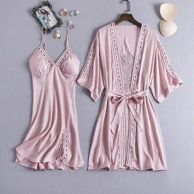 Sexy Hollow Out Γυναικείο σετ Nighty&Robe Kimono Bath gown Λευκή νυφική ρόμπα 2 τμχ Sleepwer Λεπτό σατέν Νυχτικό Νυχτικό