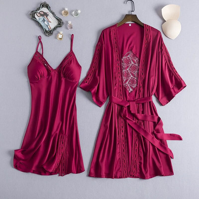 Sexy Hollow Out Γυναικείο σετ Nighty&Robe Kimono Bath gown Λευκή νυφική ρόμπα 2 τμχ Sleepwer Λεπτό σατέν Νυχτικό Νυχτικό