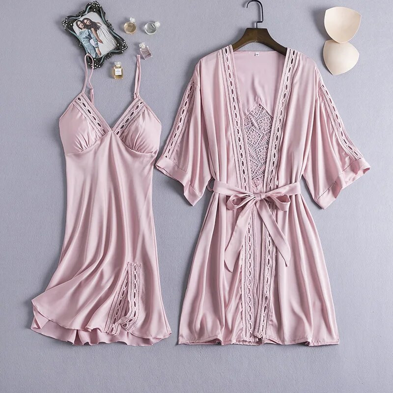 Sexy Hollow Out Γυναικείο σετ Nighty&Robe Kimono Bath gown Λευκή νυφική ρόμπα 2 τμχ Sleepwer Λεπτό σατέν Νυχτικό Νυχτικό