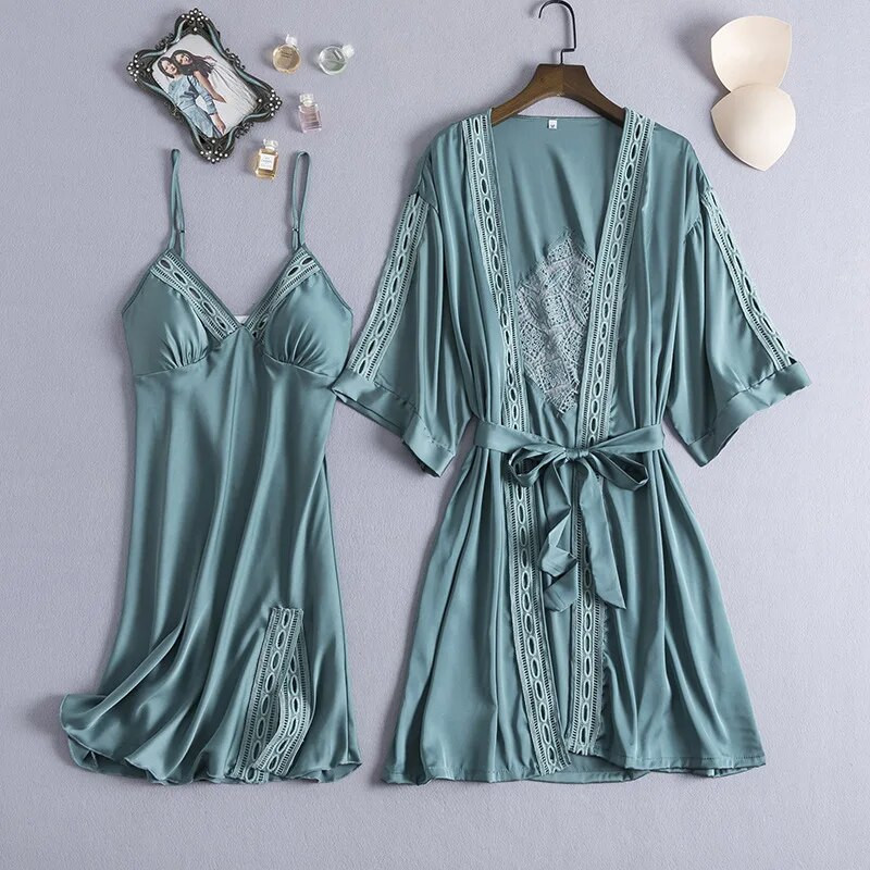Sexy Hollow Out Γυναικείο σετ Nighty&Robe Kimono Bath gown Λευκή νυφική ρόμπα 2 τμχ Sleepwer Λεπτό σατέν Νυχτικό Νυχτικό