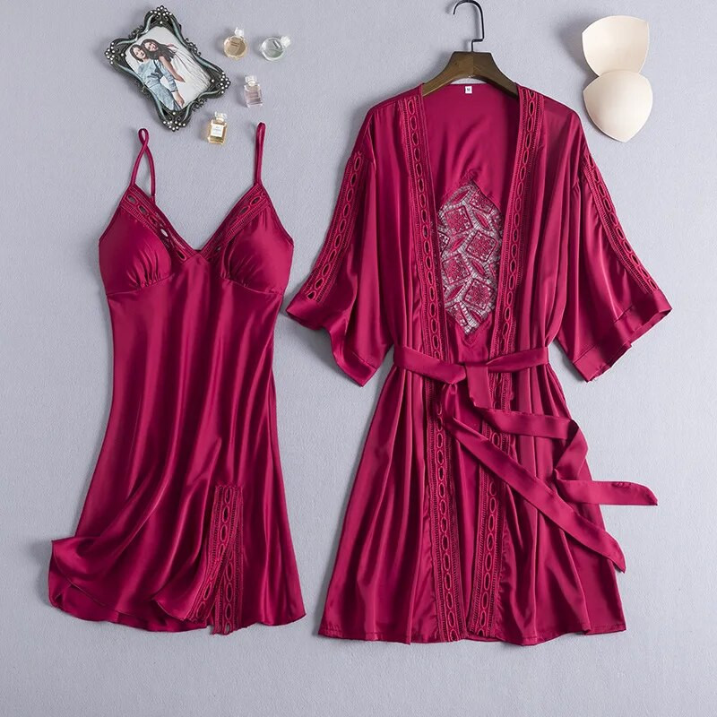 Sexy Hollow Out Γυναικείο σετ Nighty&Robe Kimono Bath gown Λευκή νυφική ρόμπα 2 τμχ Sleepwer Λεπτό σατέν Νυχτικό Νυχτικό