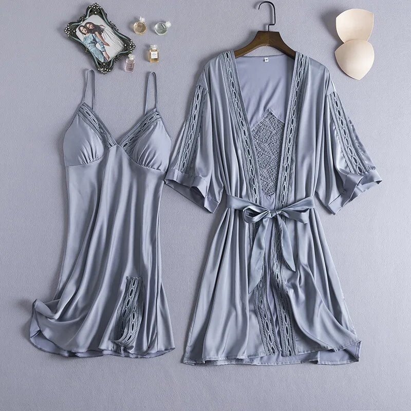 Sexy Hollow Out Γυναικείο σετ Nighty&Robe Kimono Bath gown Λευκή νυφική ρόμπα 2 τμχ Sleepwer Λεπτό σατέν Νυχτικό Νυχτικό