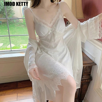 2 τεμάχια σέξι νυχτικά για γυναίκες Λευκό νυχτερινό φόρεμα δαντέλα Γυναικείο σετ ρόμπα ρόμπα Ice Silk Sleepwear DropShipping φορέματα