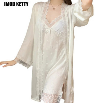 2 τεμάχια σέξι νυχτικά για γυναίκες Λευκό νυχτερινό φόρεμα δαντέλα Γυναικείο σετ ρόμπα ρόμπα Ice Silk Sleepwear DropShipping φορέματα