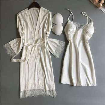 Λευκό σε V λαιμόκοψη δαντέλα σέξι γυναικείο νυχτικό και ρόμπα με σουτιέν Νυφική νυφική ρόμπα νυφική σατινέ casual φόρεμα M-XL