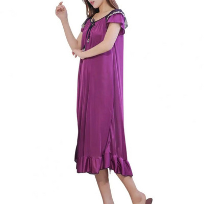 Rochie de dormit pentru femei, cu decolteu O, cu dantelă, cu mânecă scurtă, cămașă de noapte de vară, din satin, cu tiv, cămașă de noapte pentru fete