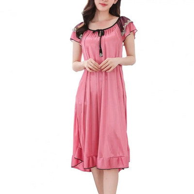 Rochie de dormit pentru femei, cu decolteu O, cu dantelă, cu mânecă scurtă, cămașă de noapte de vară, din satin, cu tiv, cămașă de noapte pentru fete