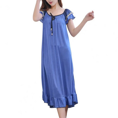 Rochie de dormit pentru femei, cu decolteu O, cu dantelă, cu mânecă scurtă, cămașă de noapte de vară, din satin, cu tiv, cămașă de noapte pentru fete