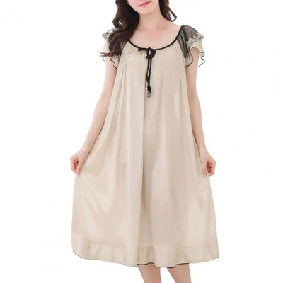 Rochie de dormit pentru femei, cu decolteu O, cu dantelă, cu mânecă scurtă, cămașă de noapte de vară, din satin, cu tiv, cămașă de noapte pentru fete