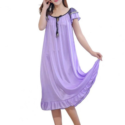 Rochie de dormit pentru femei, cu decolteu O, cu dantelă, cu mânecă scurtă, cămașă de noapte de vară, din satin, cu tiv, cămașă de noapte pentru fete