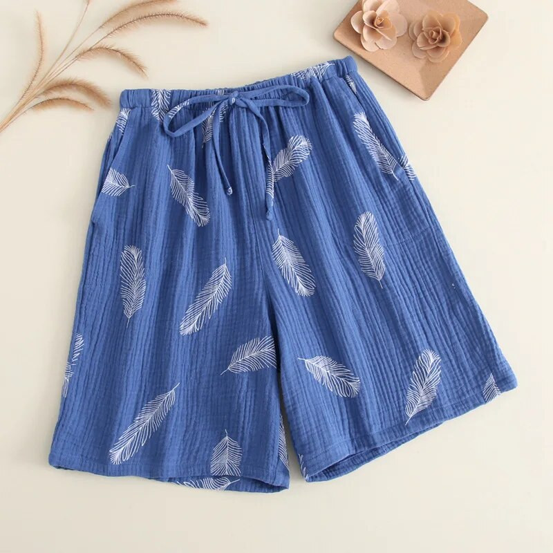 Nauja vasaros pora 100 % medvilnės marlės krepiniai šortai su plunksnomis spausdinami poilsio šortai Vyriški ir moteriški apatiniai kelnės