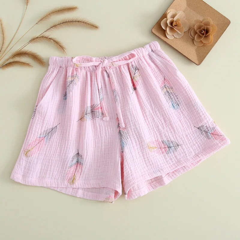 Nauja vasaros pora 100 % medvilnės marlės krepiniai šortai su plunksnomis spausdinami poilsio šortai Vyriški ir moteriški apatiniai kelnės