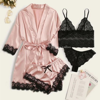 Дамски пижами с розови райета Дамски пижами с халат Секси Дамски домашни дрехи от изкуствена коприна Секси сладки пижами Пролет и Лято