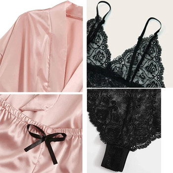 Ροζ ριγέ Πυτζάμες Γυναικεία Πυτζάμες με Ρόμπα Σέξι Faux Silk Γυναικεία Ρούχα Σπίτι Σέξι χαριτωμένα πιτζάμες Άνοιξη και Καλοκαίρι
