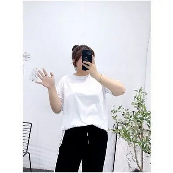 Тениска с голям размер Дамска памучна тениска Черно-бяла едноцветна тениска с персонализиран модел Микро-разтеглива свободна долна риза
