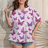 Moteriški didelio dydžio marškinėliai su drugeliais raštais Moteriški marškinėliai apvaliais kaklu trumpomis rankovėmis Laisvi moteriški megztiniai marškinėliai Laisvalaikio marškinėliai