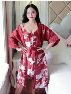 Női szatén köntös Könnyű esküvői menyasszonyi koszorúslány kimonó yukata női selyem pizsama Crane női szexi hálóruha hálóing