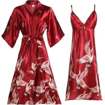 Női szatén köntös Könnyű esküvői menyasszonyi koszorúslány kimonó yukata női selyem pizsama Crane női szexi hálóruha hálóing