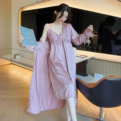 Köntös hálóing szett Szexi csipke fürdőköpeny hálóruha Női hosszú hálóruha Kimonó ruha nappaliruha Nyári szatén hálóing Otthoni viselet