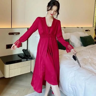 Köntös hálóing szett Szexi csipke fürdőköpeny hálóruha Női hosszú hálóruha Kimonó ruha nappaliruha Nyári szatén hálóing Otthoni viselet