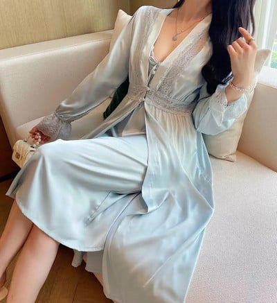 Köntös hálóing szett Szexi csipke fürdőköpeny hálóruha Női hosszú hálóruha Kimonó ruha nappaliruha Nyári szatén hálóing Otthoni viselet