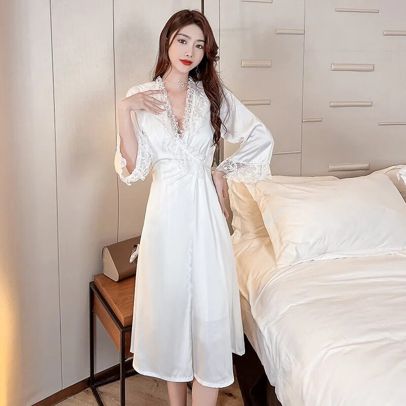 Köntös hálóing szett Szexi csipke fürdőköpeny hálóruha Női hosszú hálóruha Kimonó ruha nappaliruha Nyári szatén hálóing Otthoni viselet