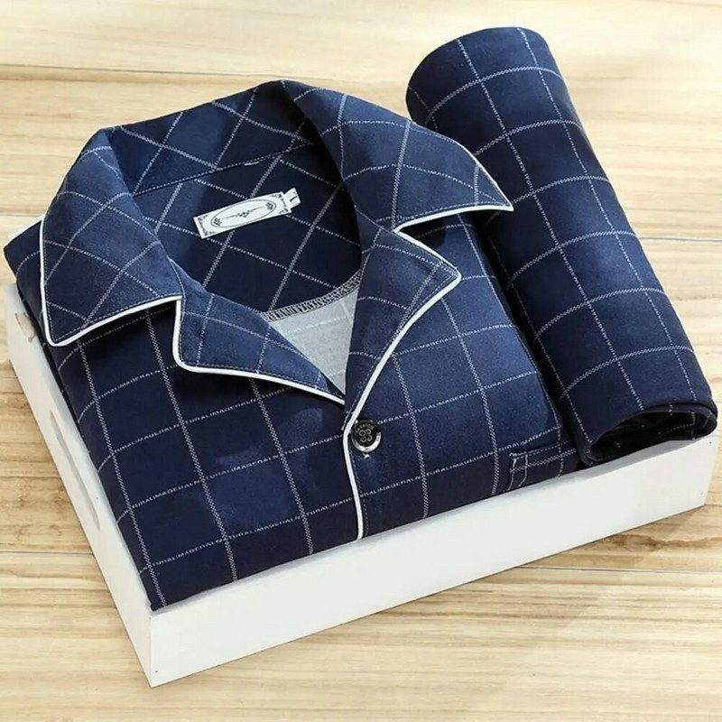 Udobne mliječne svilene salonke, elegantne muške jesensko-zimske pidžame, prugaste karirane printove s reverima, jednoredno kopčanje, duge