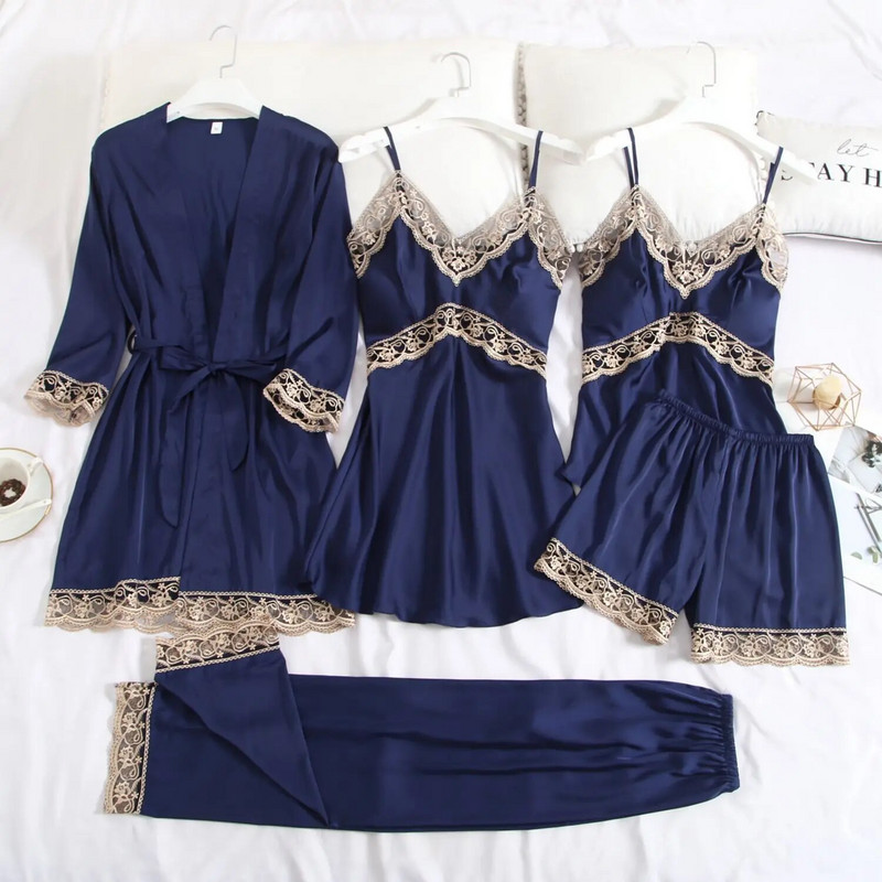 Komplet pidžama od satenske čipke od 5 komada Svilenkasto seksi ženska spavaćica Proljetno odijelo za spavanje s jastučićima za prsa Pidžama Kućna odjeća Intimno donje rublje
