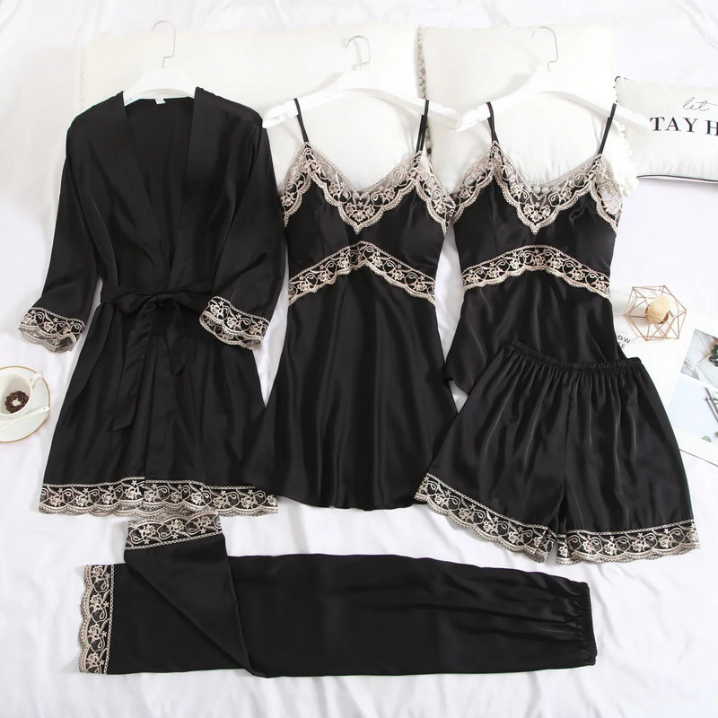 Komplet pidžama od satenske čipke od 5 komada Svilenkasto seksi ženska spavaćica Proljetno odijelo za spavanje s jastučićima za prsa Pidžama Kućna odjeća Intimno donje rublje