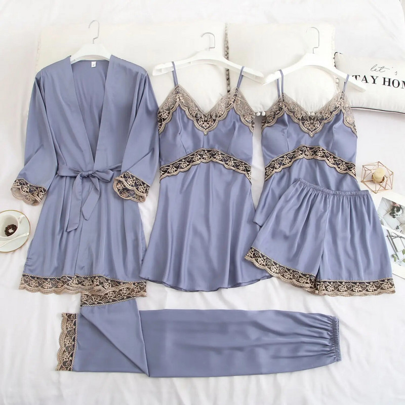 Komplet pidžama od satenske čipke od 5 komada Svilenkasto seksi ženska spavaćica Proljetno odijelo za spavanje s jastučićima za prsa Pidžama Kućna odjeća Intimno donje rublje