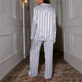 Γυναικείο καλοκαιρινό σετ πιτζάμα ριγέ μακρυμάνικο παντελόνι από μεταξωτό σατέν σπιτικό κοστούμι ανοιξιάτικο χαλαρό casual πυτζάμες Γυναικεία νυχτικά