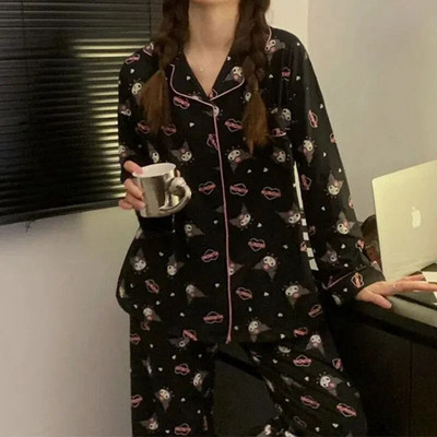 Modna pidžama za spavanje, korejske ženske jesenske slatke pidžame s printom srca, pidžama dugih rukava, ženski komplet negliže kardigan odijelo