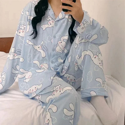 Modna pidžama za spavanje, korejske ženske jesenske slatke pidžame s printom srca, pidžama dugih rukava, ženski komplet negliže kardigan odijelo