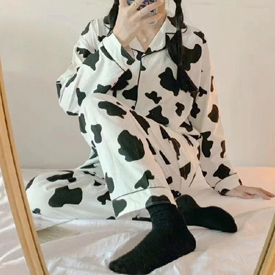 Modna pidžama za spavanje, korejske ženske jesenske slatke pidžame s printom srca, pidžama dugih rukava, ženski komplet negliže kardigan odijelo