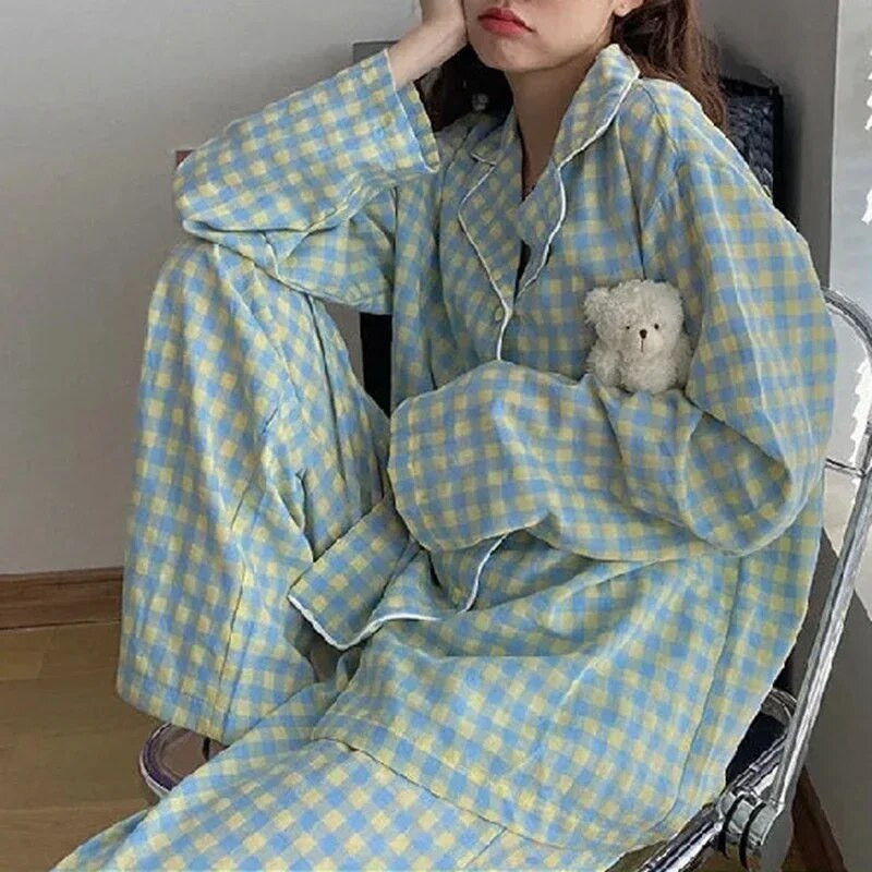 Modna pidžama za spavanje, korejske ženske jesenske slatke pidžame s printom srca, pidžama dugih rukava, ženski komplet negliže kardigan odijelo