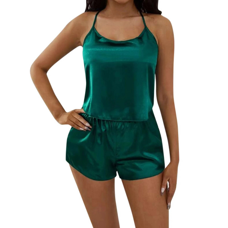 Lenjerie sexy pentru femei de dimensiuni mari, satin, culoare solidă, pijamale erotice tentative, pantaloni scurți, set de pijamale fără mâneci, fără mâneci