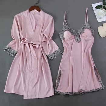Nighty Robe Σετ Γυναικεία 2 τμχ Νυχτικά Κοστούμι ύπνου με V λαιμόκοψη πιτζάμες Μεταξένιες Πυτζάμες Ενδύματα σπιτιού Φορέστε Νυχτικό Νεγκλιτζέ φόρεμα για το σπίτι