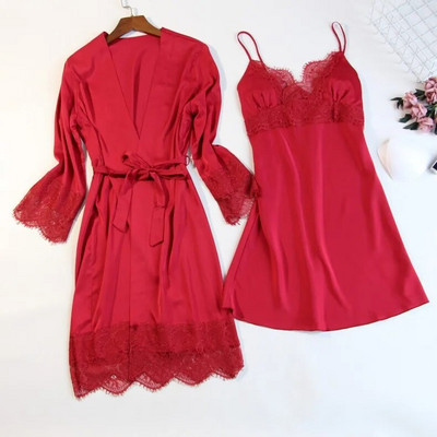 Éjszakai köntös szett női 2 DB Hálóingek alvó öltöny V-nyakú pizsama selymes hálóruha Otthoni hálóruha Negligee ruha