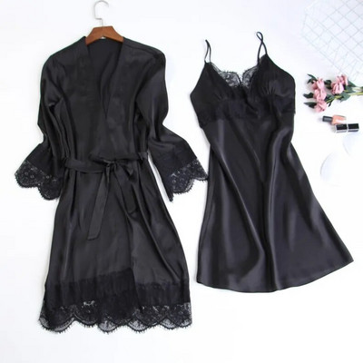 Éjszakai köntös szett női 2 DB Hálóingek alvó öltöny V-nyakú pizsama selymes hálóruha Otthoni hálóruha Negligee ruha