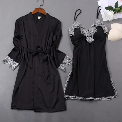 Éjszakai köntös szett női 2 DB Hálóingek alvó öltöny V-nyakú pizsama selymes hálóruha Otthoni hálóruha Negligee ruha