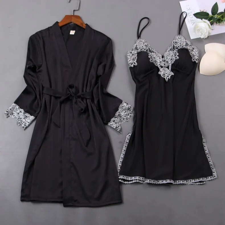 Éjszakai köntös szett női 2 DB Hálóingek alvó öltöny V-nyakú pizsama selymes hálóruha Otthoni hálóruha Negligee ruha