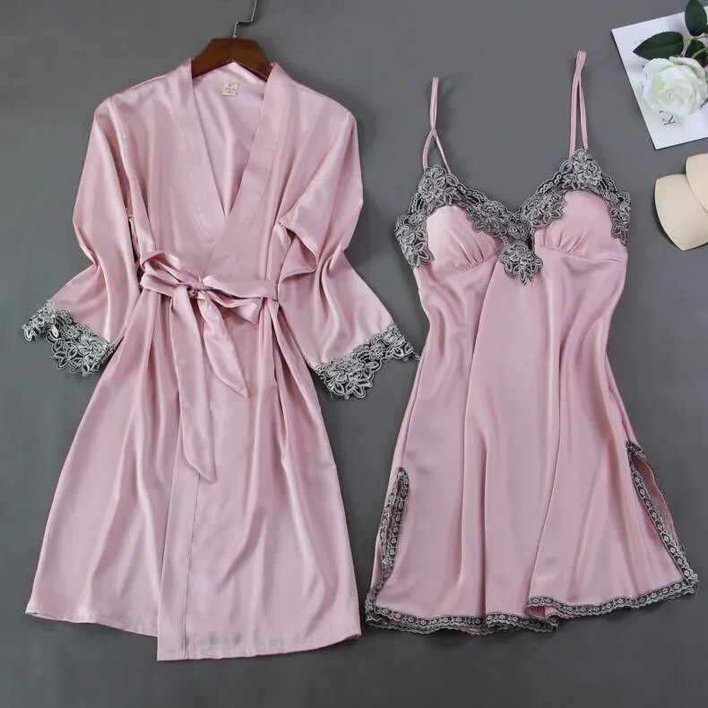 Éjszakai köntös szett női 2 DB Hálóingek alvó öltöny V-nyakú pizsama selymes hálóruha Otthoni hálóruha Negligee ruha